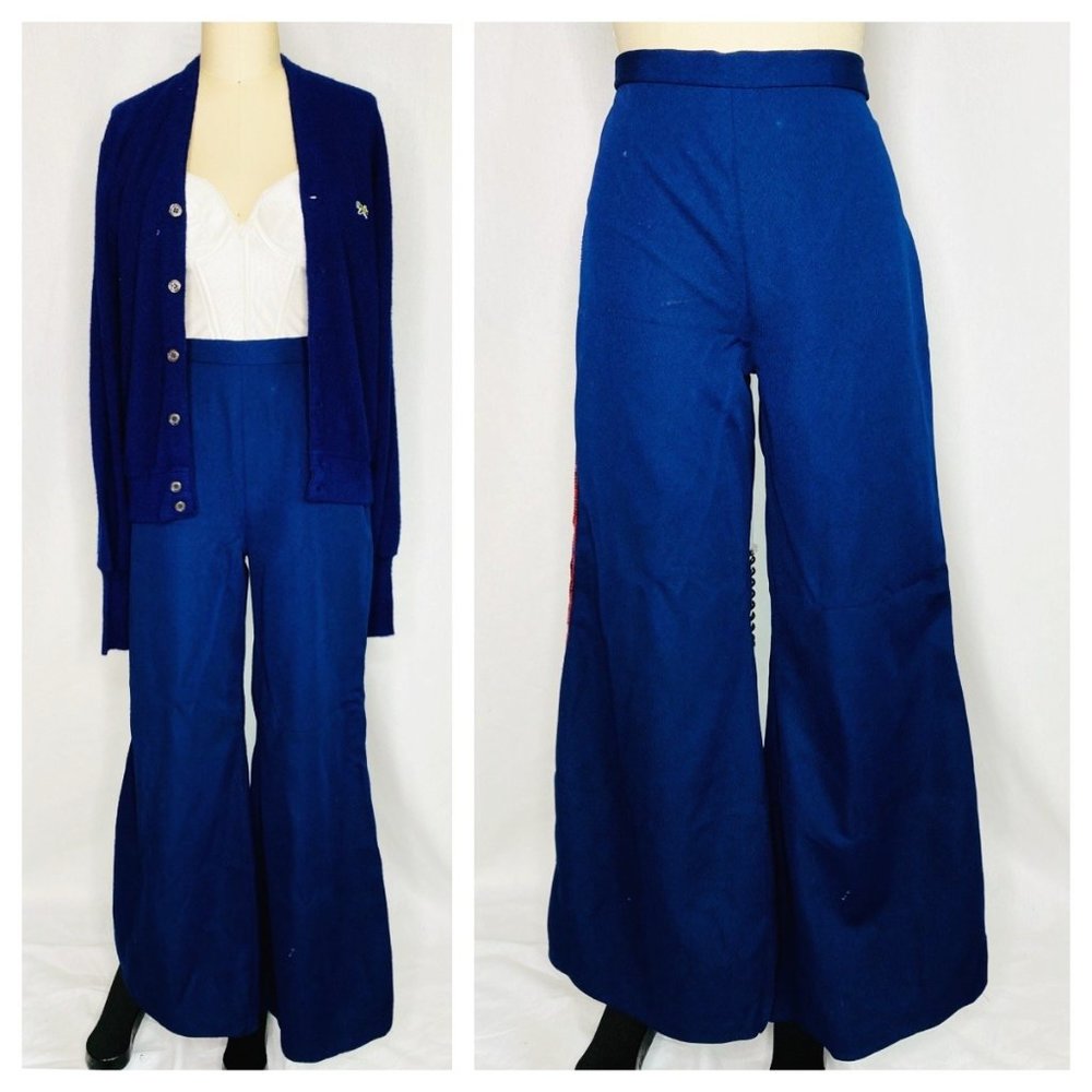 Vintage 70s Wide Leg Bell Bottom Blue Pants Trousers Size L Large Red Sequin